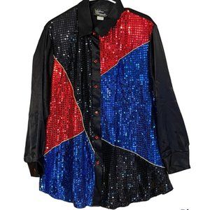 VTG Silver Threads Womens XLBlack Satin Sequins red blue western Top Shirt USA